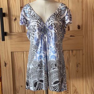 APT9 Womens Purple Multicolor Paisley V-neck Flutter Sleeve Tunic Top XL